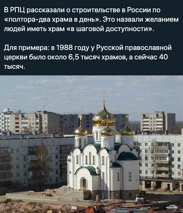 В рпц рассказали о строительстве в россии по «полторадва храма в день». Это назвали желанием людей иметь храм «в шаговой доступности». Для примера: в 1988 году у русской православной церкви было около 6,5 тысяч храмов, а сейчас 40 тысяяч.