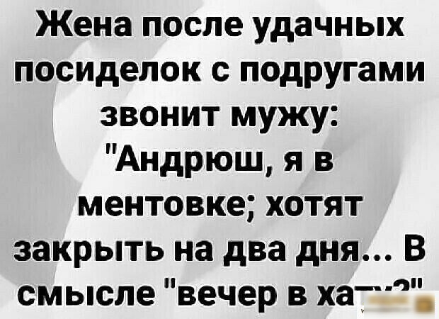 Жена после удачных посиделок с подругами звонит мужу Андрюш я в ментовке хотят закрыть на два дня В смысле вечер в ха