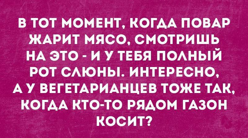 В тот момент, когда повар жарит мясо, смотришь на это  и у тебя полный рот слюны!. Интересно, а у вегетарианцев тоже так, когда ктото рядом газон косит?
