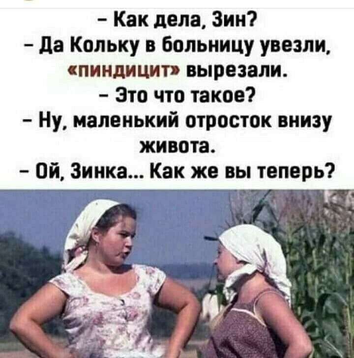 Как дела Зин да Кольку в больницу увезли спиндицитя вырезали Это что такое Ну маленький отросток внизу живота Ой Зинка Как же вы теперь д _1