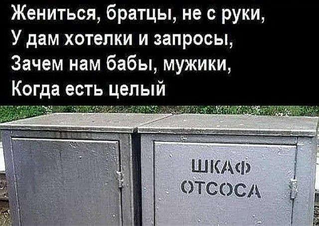 Жениться братцы не с руки У дам хотелки и запросы Зачем нам бабы мужики Когда есть целый