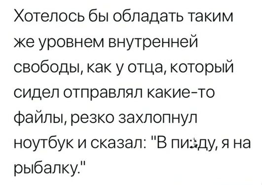 Хотелось бы обладать таким же уровнем внутренней свободы как у отца который сидел отправлял какието Файлы резко захлопнул ноутбук и сказал В пизду я на рыбалку