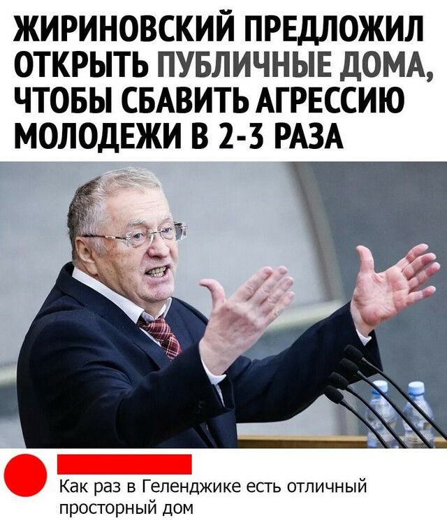 ЖИРИНОВСКИЙ ПРЕДЛОЖИЛ ОТКРЫТЬ ПУБЛИЧНЫЕ ДОМА ЧТОБЫ СБАВИТЬ АГРЕССИЮ МОЛОДЕЖИ В 2 3 РАЗА Как раз в Геленджике есть отличный просторный дом