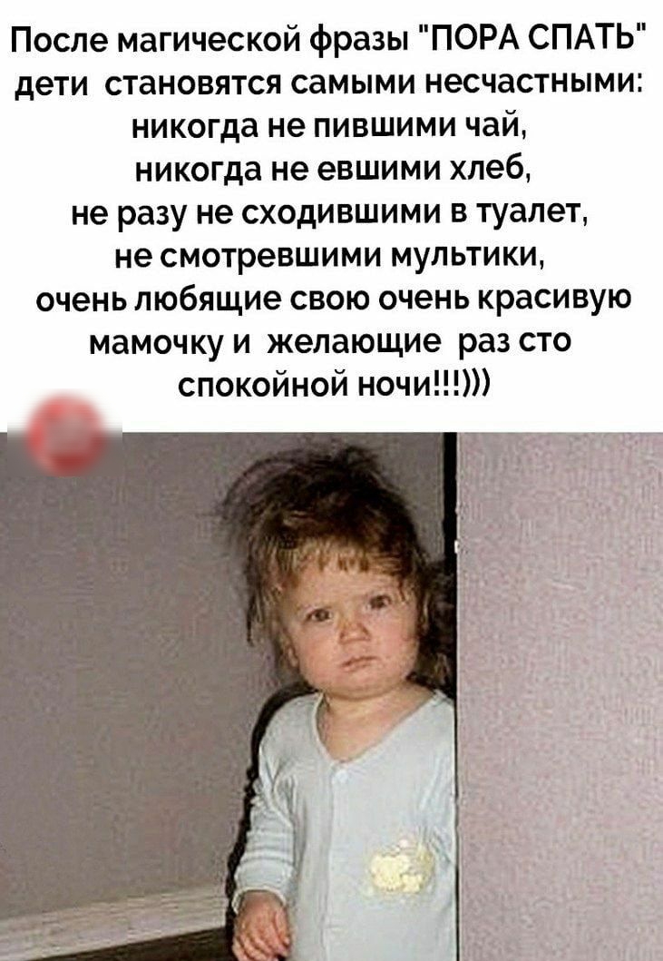 После магической фразы ПОРА СПАТЬ дети становятся самыми несчастными никогда не пившими чай никогда не евшими хлеб не разу не сходившими в туалет не смотревшими мультики очень любящие свою очень красивую мамочку и желающие раз сто спокойной ночи