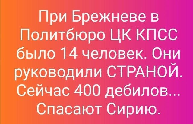 При Брежневе в Политбюро ЦК КПСС было 14 человек Они руководили СТРАНОЙ Сейчас 400 дебилов Спасают Сирию