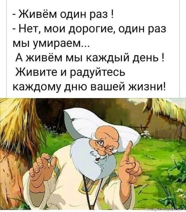 Живём один раз Нет мои дорогие один раз мы умираем А живём мы каждый день Живите и радуйтесь каждому дню вашей жизни Ту