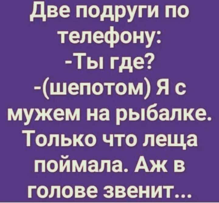 две подруги по телефону Ты где шепотом Я с мужем на рыбалке Только что леща поймала Аж в голове звенит