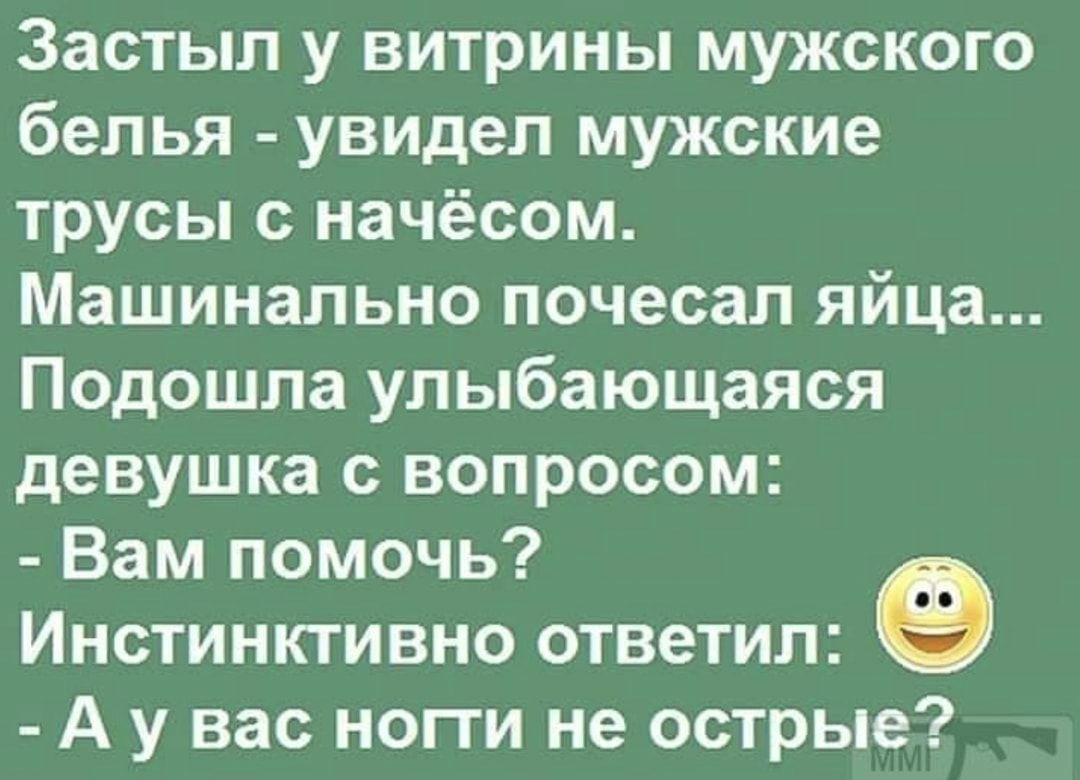 Застыл у витрины мужского белья увидел мужские трусы с начёсом Машинально почесал яйца Подошла улыбающаяся девушка с вопросом Вам помочь Инстинктивно ответил А у вас нопи не острые