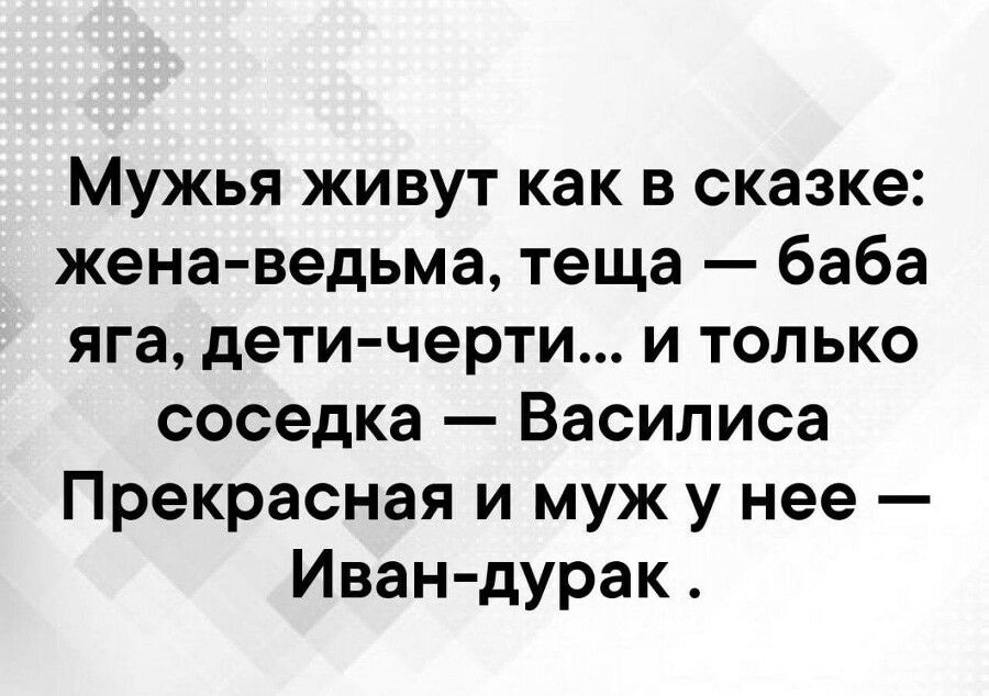 Мужья живут как в сказке жена ведьма теща баба яга дети черти и только соседка Василиса Прекрасная и муж у нее Иван дурак