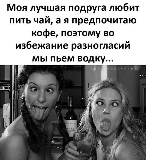 Моя лучшая подруга любит пить чай а я предпочитаю кофе поэтому во избежание разногласий мы пьем водку