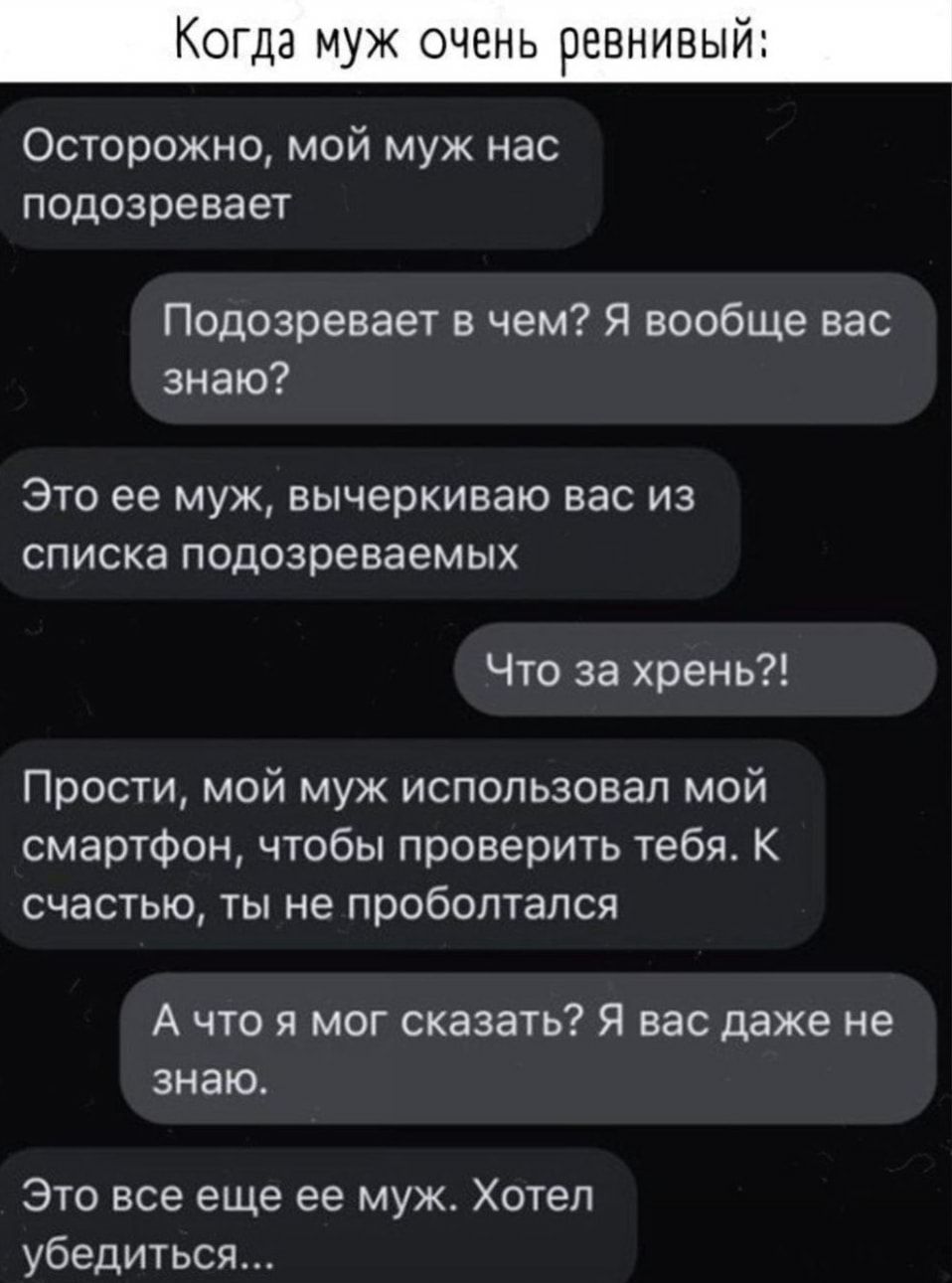 Когда муж очень ревнивый Осторожно мой муж нас подозревает Подозревает в чем Я вообще вас знаю ЭТО ее МУЖ вычеркиваю ВЭС из списка подозреваемых Что за хрень Прости мой муж использовал мой смартфон чтобы проверить тебя К счастью ты не проболтапся А что я мог сказать Я вас даже не знаю Это все еще ее муж Хотел убедиться