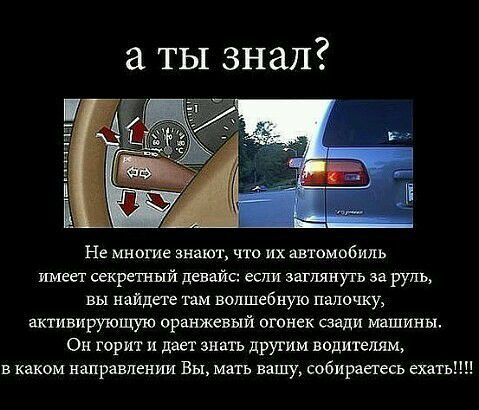 а ты знал Не многие знают что их автомобиль имеет секретный девайс если заглянуть за руль вы найдете там волшебную палочку активирующую оранжевый огонек сзади тишины Он горит и дает знать другим водителям в каком направленш Вы мать вашу собираетесь ехатьт