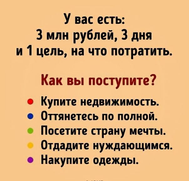 У вас есть: 3 млн рублей, 3 дня и 1 цель, на что потратить. Как вы поступите?  Купите недвижимость.  Оттянетесь по полной.  Посетите страну мечты.  Отдадите нуждающимся.  Накупите одежды.