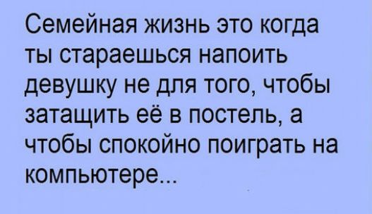 Семейная жизнь это когда ТЫ стараешься НЭПОИТЬ девушку не для того чтобы затащить её в постель а чтобы спокойно поиграть на компьютере