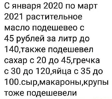 С января 2020 по март 2021 растительное масло подешевео с 45 рублей за литр до 140также подешевел сахар с 20 до 45гречка с 30 до 120яйца с 35 до 100сырмакароныкрупы тоже подешевели