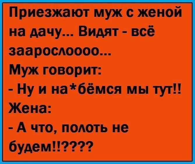 Приезжают муж с женой на дачу Видят всё зааросіюооо Муж говорит Ну и набёмся мы тут Жена А что подоть не будем