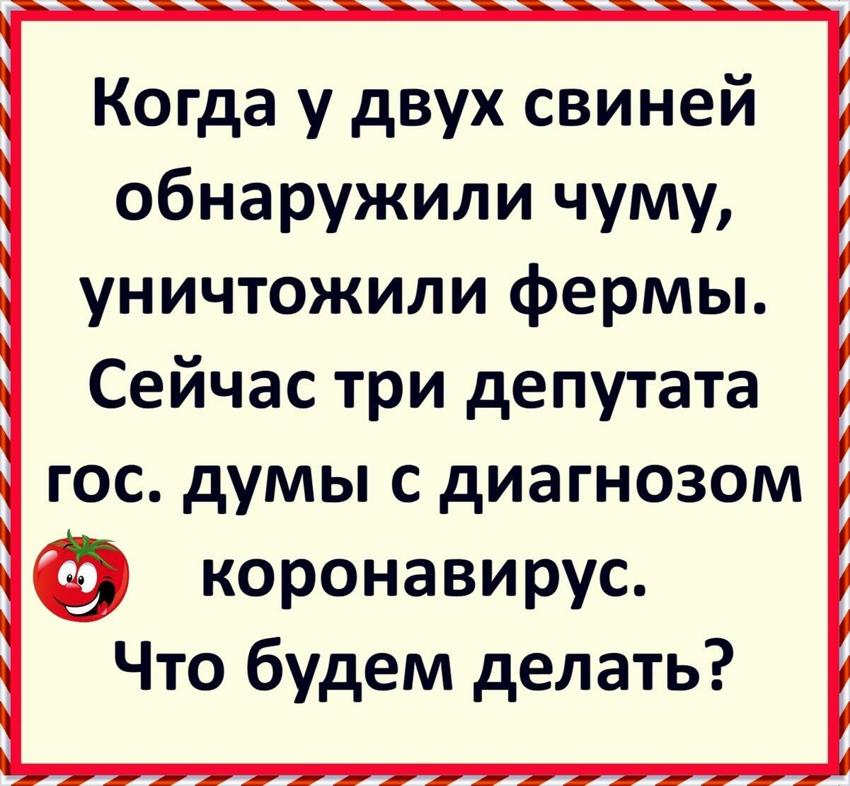 Когда у двух свиней обнаружили чуму уничтожили фермы Сейчас три депутата гос думы с диагнозом 63 коронавирус Что будем делать