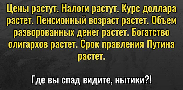 Цены растут Налоги растут Курс доллара растет Пенсионный возраст растет Объем разворованных денег растет Богатство олигархов растет Срок правления Путина растет Где вы спад видите нытики