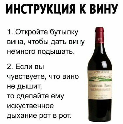 ИНСТРУКЦИЯ К ВИНУ 1 Откройте бутылку вина ЧТОБЫ дать БИНУ НеМНОГО ПОДЫШаТЬ 2 Если вы чувствуете что вино не дышит то сделайте ему искуственное дыхание рот в рот