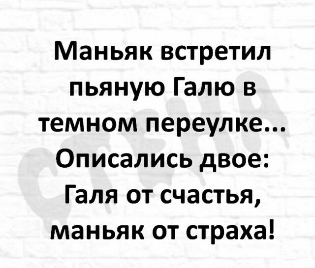Маньяк встретил пьяную Галю в темном переулке Описались двое Галя от счастья маньяк от страха