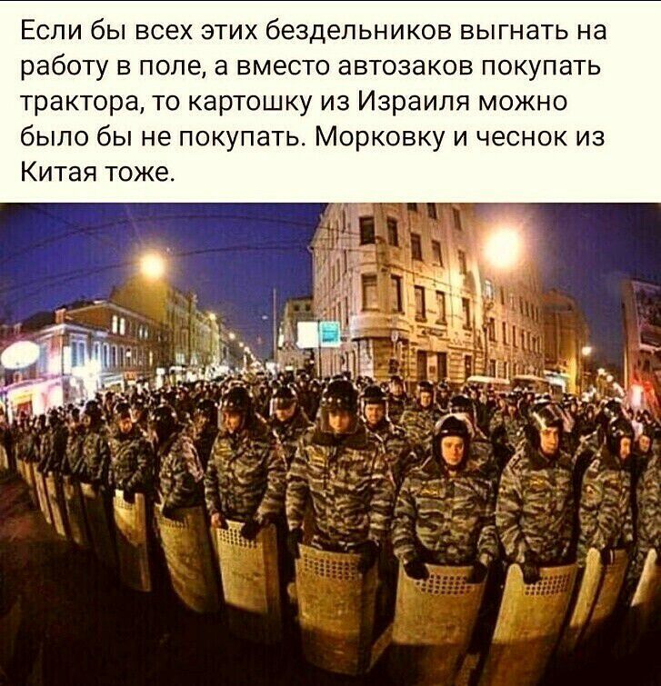 Если бы всех этих бездельников выгнать на работу в поле а вместо автозаков покупать трактора то картошку из Израиля можно было бы не покупать Морковку и чеснок из Китая тоже