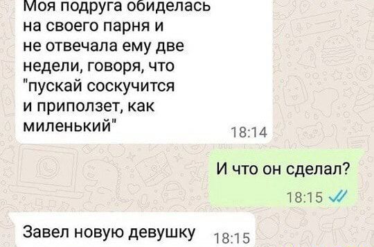 Моя подруга обиделась на своего парня и не отвечала ему две недели говоря что пускай соскучится и припопзет как миленький 18 и И что он сделал 1815 Завел новую девушку 1815