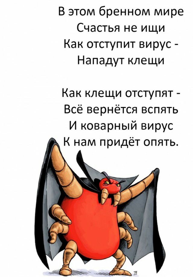 В этом бренном мире Счастья не ищи Как отступит вирус Нападут клещи Как клещи отступят Всё вернётся вспять И коварный вирус К нам придёт опять
