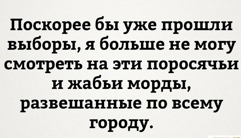 Поскорее бы уже прошли выборы я больше не могу смотреть на эти поросячьи и жабьи морды развешанные по всему городу