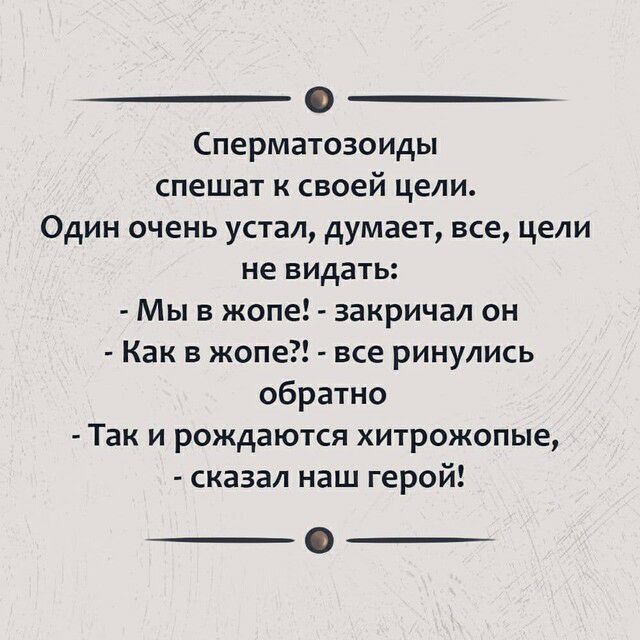 Сперматозоиды спешат к своей цели Один очень устал думает все цели не видать Мы в жопе закричал он Как в жопе все ринулись обратно Так и рождаются хитрожопые сказал наш герой