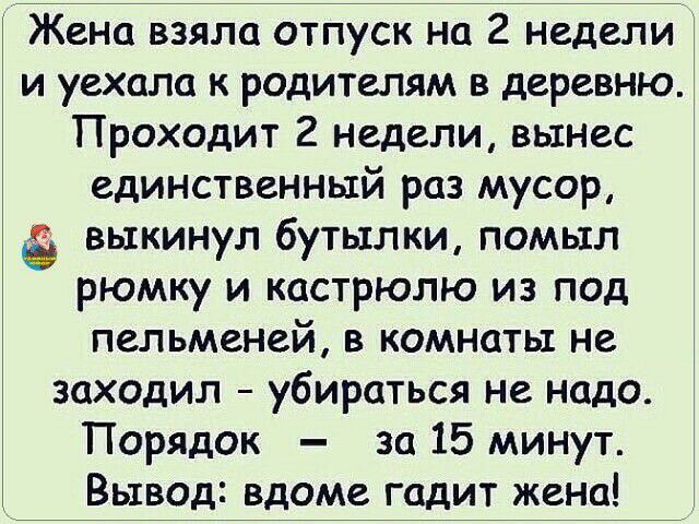 Жена взяла отпуск на 2 недели и уехала к родителям в деревню Проходит 2 недели вынес единственный раз мусор выкинул бутылки помыл рюмку и кастрюлю из под пельменей в комнаты не заходил убираться не надо Порядок за 15 минут Вывод вдоме гадит жена