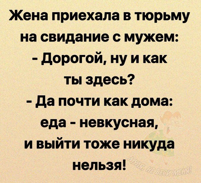 Жена приехала в тюрьму на свидание с мужем дорогой ну и как ты здесь да почти как дома еда невкусная и выйти тоже никуда нельзя