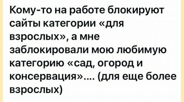 Кому то на работе блокируют сайты категории для взрослых а мне заблокировали мою любимую категорию сад огород и консервация для еще более взрослых