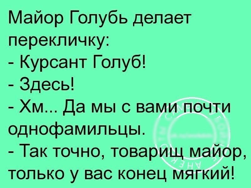 Майор Голубь делает перекличку Курсант Голуб Здесь Хм Да мыс вами почти однофамильцы Так точно товарищ майор только у вас конец мягкий