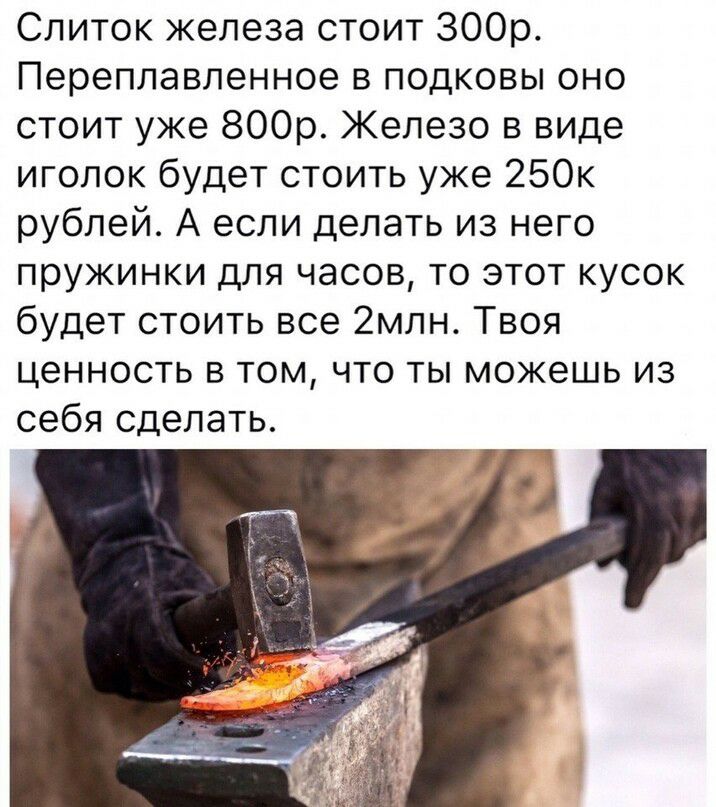Слиток железа стоит ЗООр Переплавленное в подковы оно стоит уже 800р Железо в виде иголок будет стоить уже 250к рублей А если делать из него пружинки для часов то этот кусок будет стоить все 2млн Твоя ценность в том что ты можешь из себя сделать