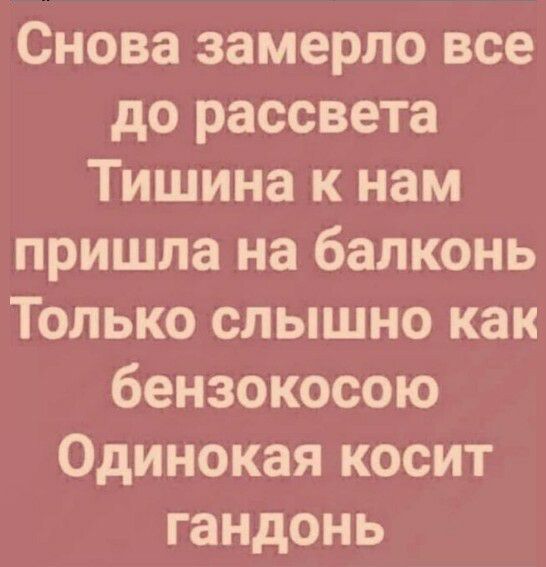 Снова замерло все до рассвета Тишина к нам пришла на балконь Только слышно как бензокосою Одинокая косит гандонь