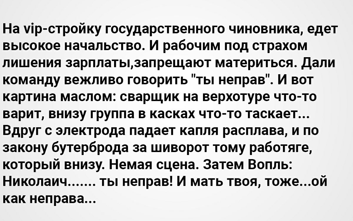 На уір стройку государственного чиновника едет высокое начальство И рабочим под страхом лишения зарплатызапрещают материться Дали команду вежливо говорить ты неправ И вот картина маслом сварщик на верхотуре что то варит внизу группа в касках что то таскает Вдруг с электрода падает капля расплава и по закону бутерброда за шиворот тому работяге который внизу Немая сцена Затем Вопль Николаич ты непра
