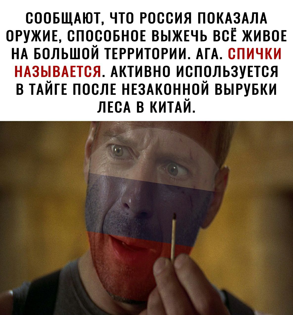 СООБЩАЮТ ЧТО РОССИЯ ПОКАЗАЛА ОРУЖИЕ СП0_СОБНОЕ ВЫЖЕЧЬ ВСЁ ЖИВОЕ НА БОЛЬШОИ ТЕРРИТОРИИ АГА СПИЧКИ НАЗЬЁВАЕТСЯ АКТИВНО ИСПРЛЬЗУЕТСЯ В ТАИГЕ ПОСЛЕ НЕЗАКОНЁЮИ ВЫРУБКИ ЛЕСА В КИТАИ
