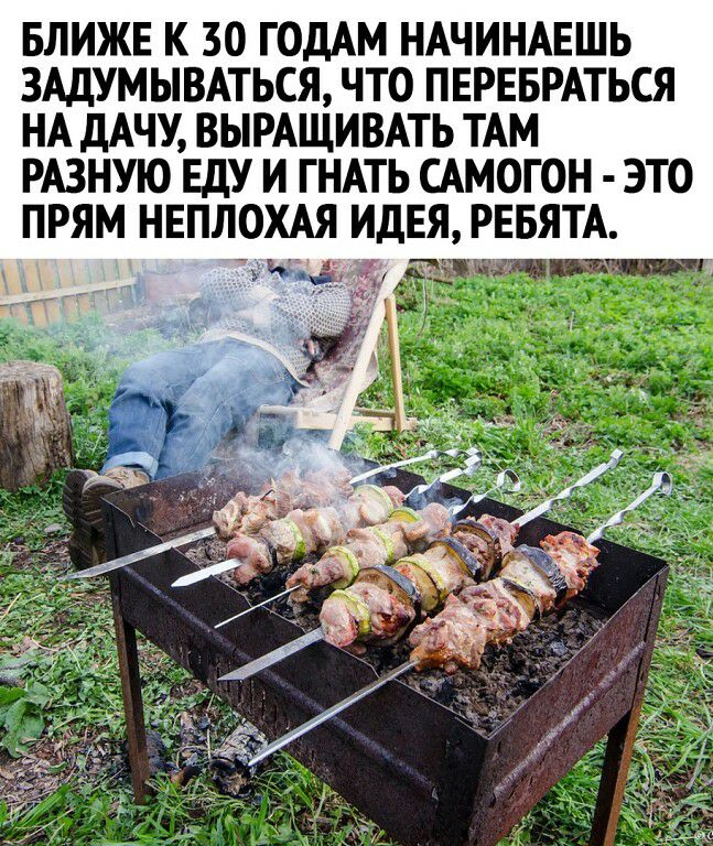 БЛИЖЕ К 30 ГОДАМ НАЧИНАЕШЬ ЗАДУМЫВАТЬСЯ ЧТО ПЕРЕБРАТЬСЯ НА дАЧУ ВЫРАЩИВАТЬ ТАМ РАЗНУЮ ЕДУ И ГНАТЬ САМОГОН ЭТО ПРЯМ НЕПЛОХАЯ ИДЕЯ РЕБЯТА д