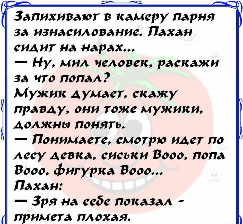 Запихивают в камеру парня за изнасилование Пахан сидит на нарах Ну мил человек раскажи за что попал Мужик думает скажу правду они тоже мужики должны понять Понимаете смотрю идет по лесу девка сиськи Вооо попа Вооо фигурка Вооо Пахан Зря на себе показа примета плохая
