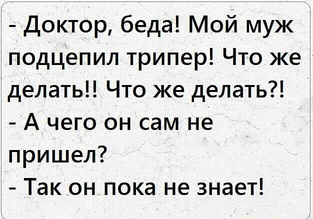 Доктор беда Мой муж подцепил трипер Что же делать Что же делать А чего он сам не пришел Так онпока не знает