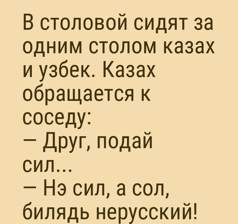 В столовой сидят за одним столом казах и узбек Казах обращается к соседу Друг подай сил Нэ сил а сол билядь нерусский