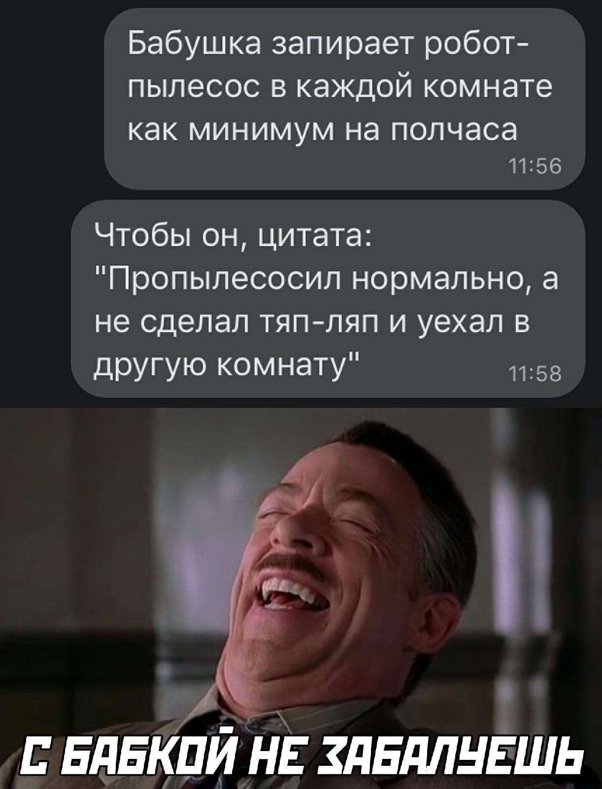 Бабушка запирает робот пылесос в каждой комнате КЭК МИНИМУМ на полчаса 1156 Чтобы он цитата Пропылесосил нормально а не сделал тяпляп и уехал в ЦРУГУЮ КОМНЭТУ 1158 _ вязкий НЕ здвдлнвшь