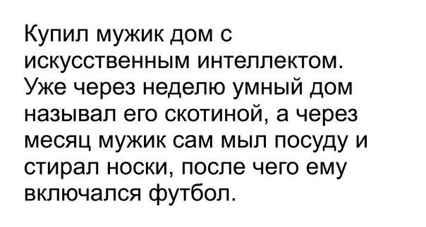 Купил мужик дом с искусственным интеллектом Уже через неделю умный дом называл его скотиной а через месяц мужик сам мыл посуду и стирал носки после чего ему включался футбол