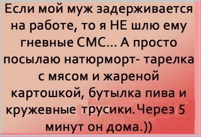 Если мой муж задерживается на работе то я НЕ шлю ему гневные СМС А просто посылаю натюрморт тарелка с мясом и жареной картошкой бутылка пир
