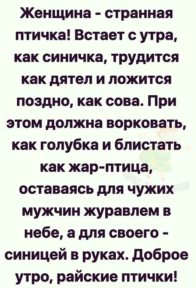 Женщина странная птичка Встает с утра как синичка трудится как дятел и ложится поздно как сова При этом должна ворковать как голубка и блистать как жар птица оставаясь для чужих мужчин журавлем в небе а для своего синицей в руках доброе утро райские птички