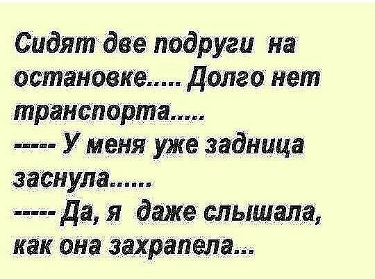 Сидятдве подруги на остановке долго нет транспорта У меня уже задница заснула Д ая даже слышала как она аахрапела