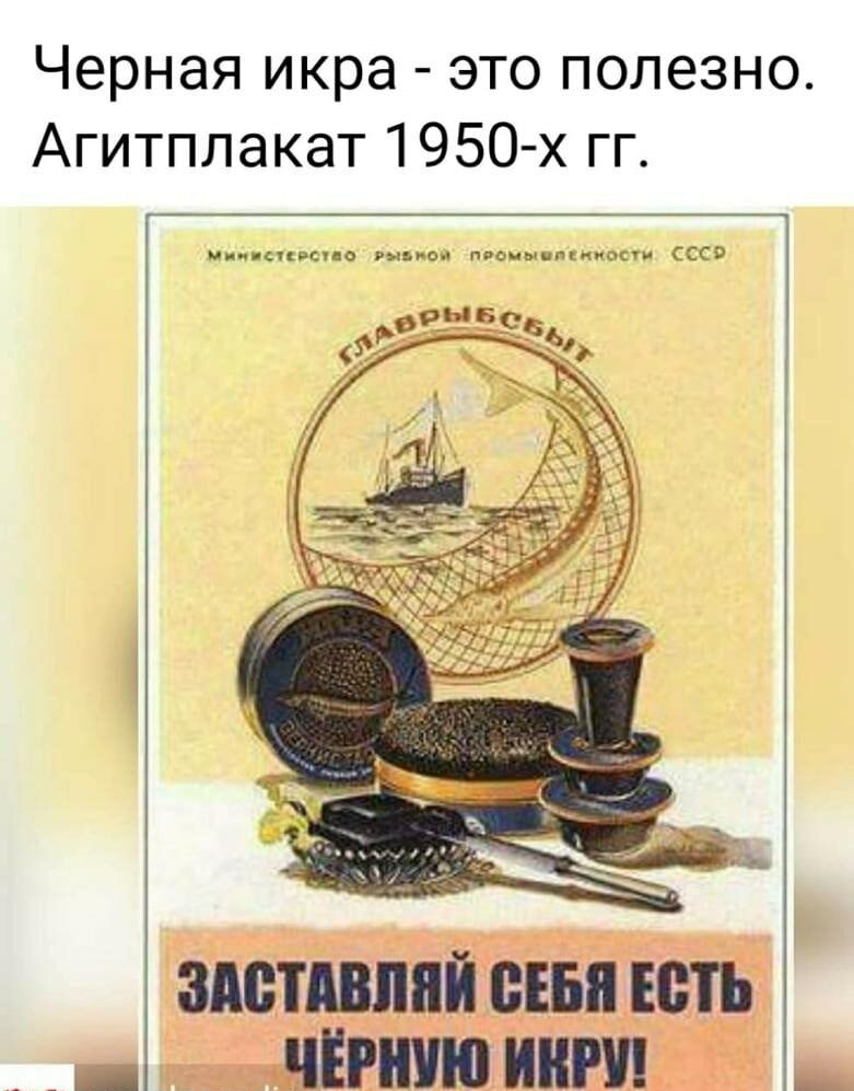 Черная икра это полезно Агитплакат 1950 х гг Ч 1 ЗАВТАВМЙ ВЕБП ЕЩЪ _ _ _ НЁРШЮ ИШШ