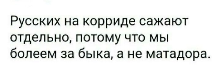 Русских на корриде сажают отдельно потому что мы болеем за быка а не матадора