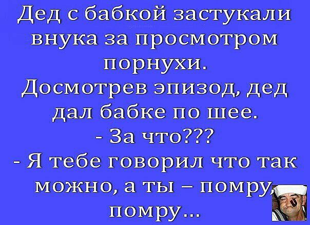 Дед с бабкой застукали внука за просмотром порнухи Досмотрев эпизод дед дал бабке по шее За что Я тебе говорил что так можно а ты помру помру