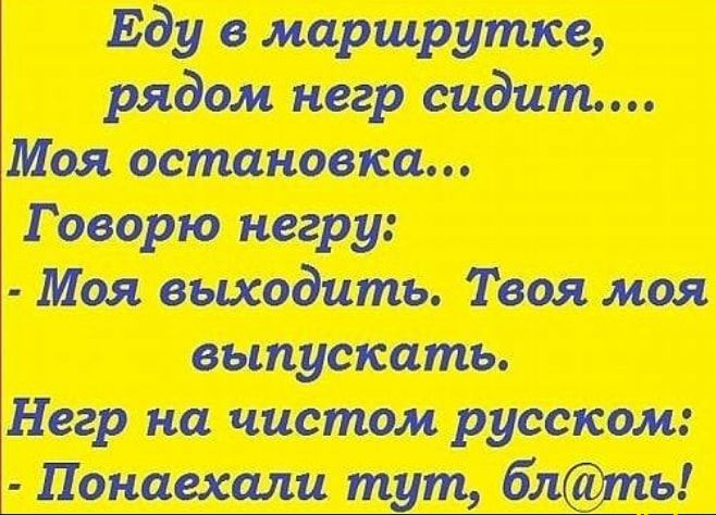 Еду в маршрутке рядом негр сидит Моя остановка Говорю негру Моя выходить Твоя моя выпускать Негр на чистом русском Понаехали тут блпь